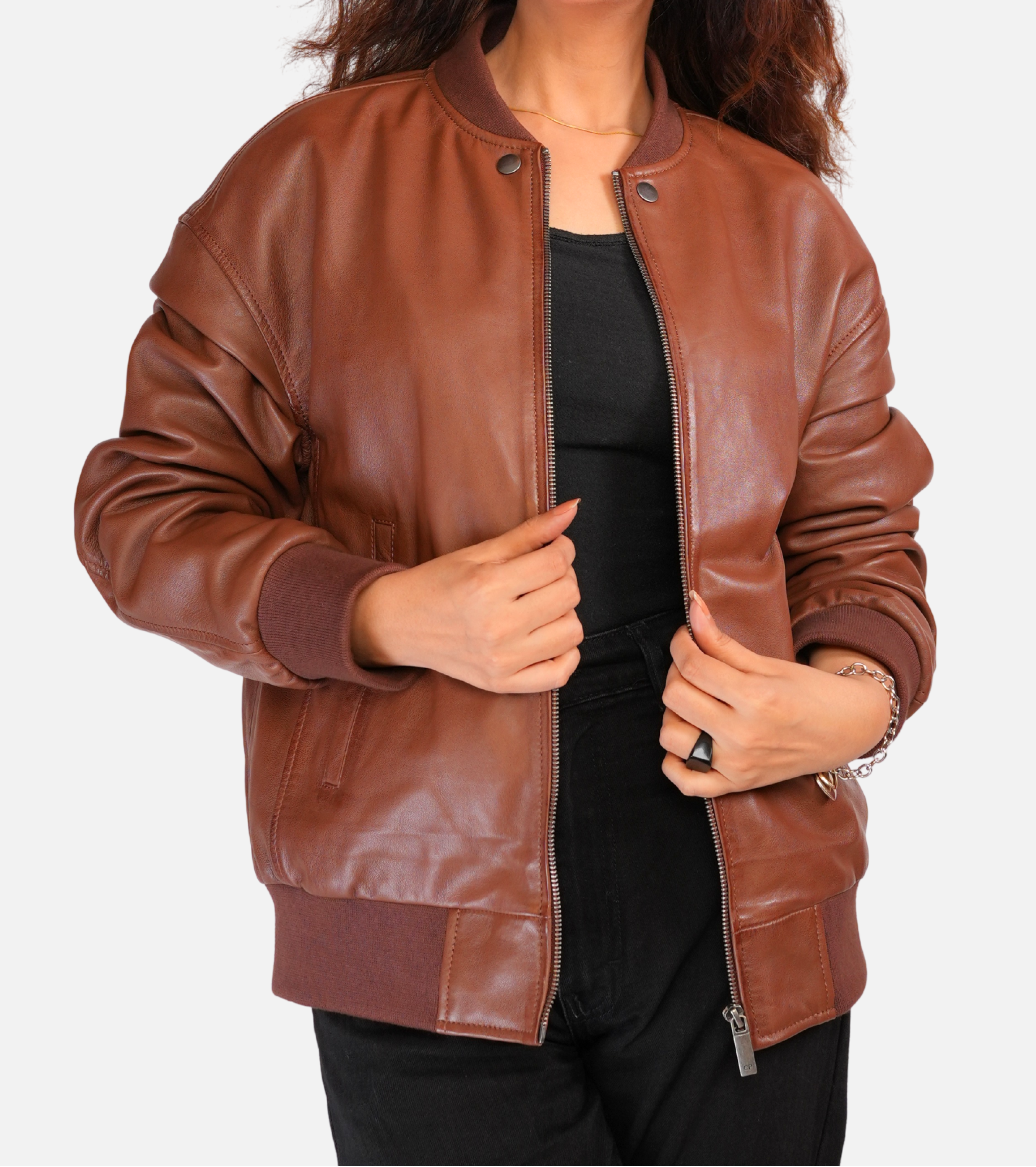 bomber leather jacket brown for women
